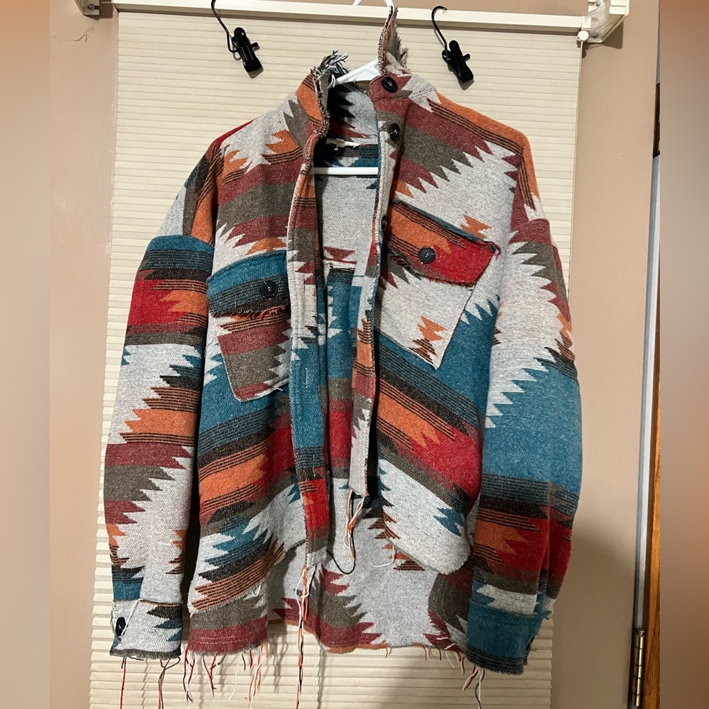 Distressed southwestern aztec shacket cropped jacket